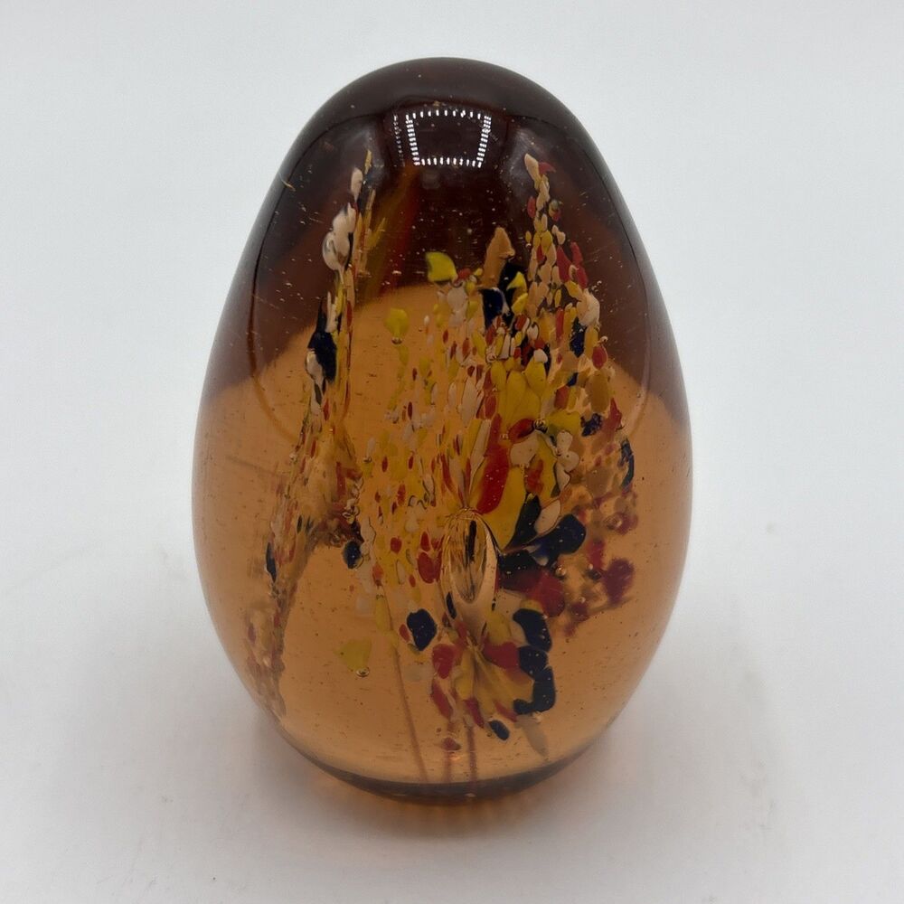 Vintage Art Glass Amber Colored, Confetti Floral Design, Egg Shaped